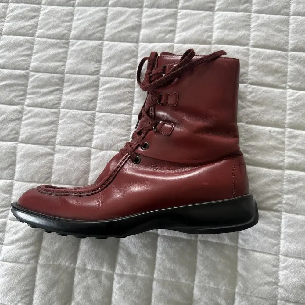 TODS Boots Womens 38 US 8 Red Leather Lace Up Combat Ankle Wedge Low Heel - Picture 6 of 14
